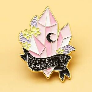 Funny Pink Crystal “Protection from Assholes” Brooch with Crescent Moon
